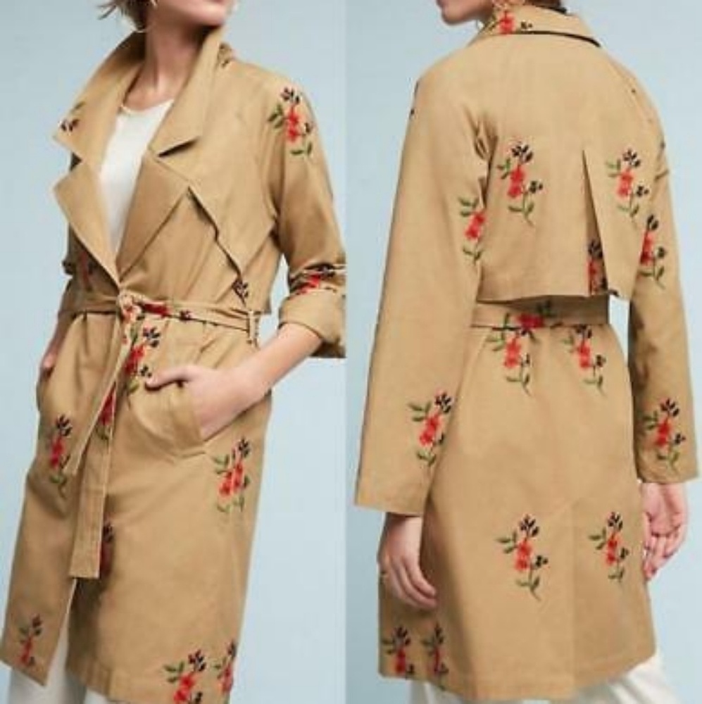 Anthropologie Embroidered Floral Trench